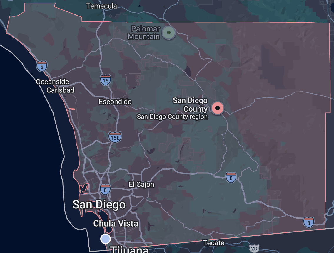 Map showing Sunnyside Community Services Inc. service area covering Bonita, the South Bay, La Mesa, El Cajon, and greater San Diego County